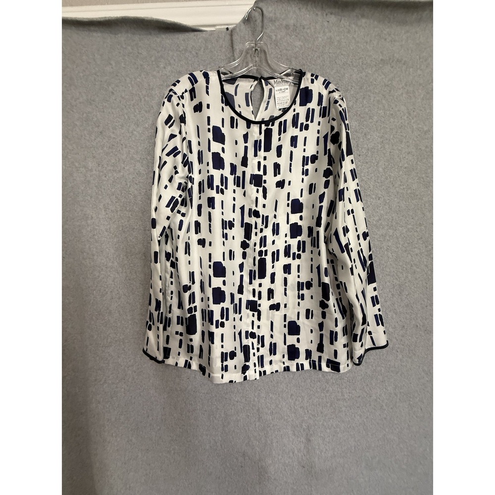 Max Mara Blouse Womens 12 White Silk Geometric Print Long Sleeve Italy Top